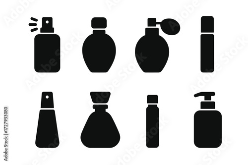 Perfume Bottle Icons. Solid, filled icon set of perfume bottles: spray bottle, classic bottle, atomizer, rollerball, travel size, decanter, vial, pump bottle.