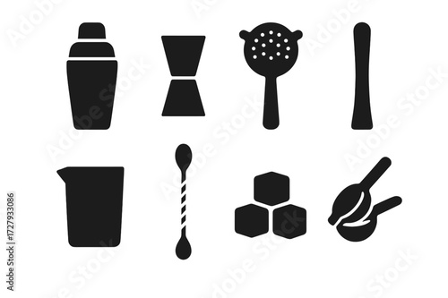Cocktail Tool Icons. Solid, filled icon set of shake tools: cocktail shaker, jigger, strainer, muddler, mixing glass, bar spoon, ice cubes, citrus squeezer.