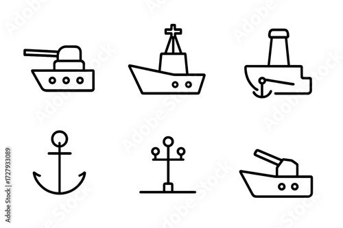 Gunboat Icon Collection. Outline icon set of gunboats: turret gun, hull, radar mast, smokestack, anchor, navigation lights, deck cannon, missile launcher. Line