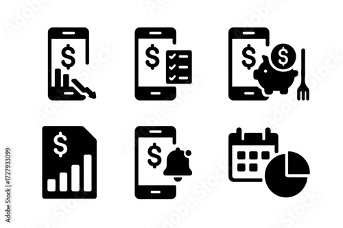 Mobile Banking Icons. Solid, filled icon set of mobile banking budgeting: expense tracker, budget planner, savings goal, spending category, report, alerts,