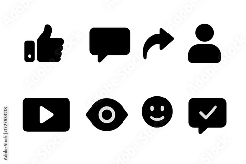 Audience Engagement Icons. Solid, filled icon set of audience engagement: likes, comments, shares, followers, subscriptions, views, reactions, feedback. [Line