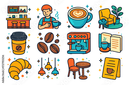 Colorful Coffee Icons. Coffee culture. Colorful isometric vector icons set of Coffee culture: coffee shop interior, barista, latte art, cozy corner, takeaway
