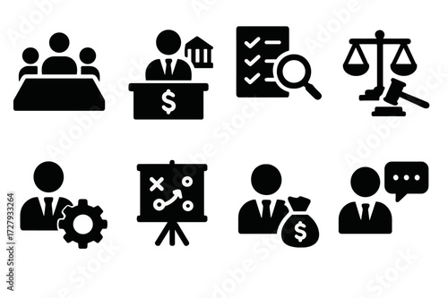 Central Bank Icons. Solid, filled icon set of central bank governance: board of directors, governor?s office, audit committee, legal department, compliance