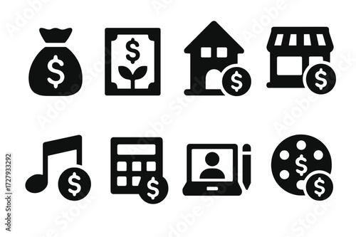 Income Icon Set. Solid, filled icon set of income sources: salary, dividends, rental income, business profit, royalties, interest earnings, freelance, lottery