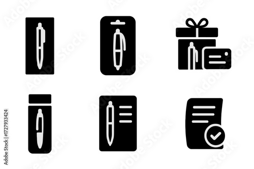 Pen Packaging Icons. Solid, filled icon set of pen packaging: box, blister pack, sleeve, pouch, gift box, label, instruction leaflet, warranty card. [Solid,