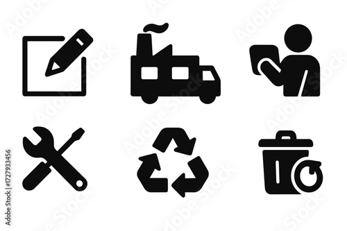 Product Life Cycle Icons. Solid, filled icon set of product life cycles: design phase, manufacturing, distribution, usage, maintenance, recycling, disposal,