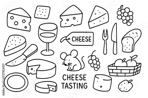 Cheese Tasting Doodle. Hand-drawn doodle illustration Cheese tasting cheese wedge, cheese wheel, slice, cracker, bread, grapes, wine glass, cutting board,