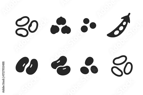 Legume Icon Set. Solid, filled icon set of legumes: white beans, chickpeas, lentils, green peas, black beans, kidney beans, soybeans, pinto beans. [Line icons