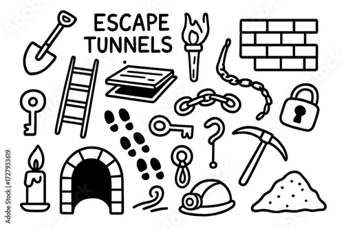 Escape Tools Doodle. Hand-drawn doodle illustration Escape tunnels shovel, ladder, torch, brick wall, broken chain, secret hatch, rope, footprints, key, lock,