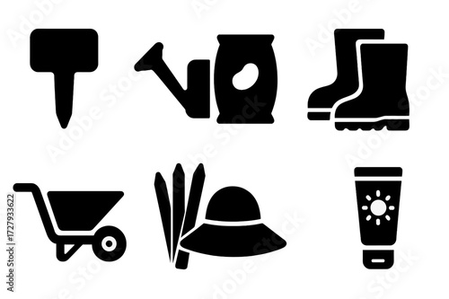 Garden Tools Icons. Solid, filled icon set of bean gardening accessories: garden label, watering can, fertilizer bag, garden boots, wheelbarrow, plant stakes,