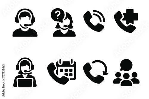 Call Service Icons. Solid, filled icon set of call services: call center, customer support, telemarketing, emergency hotline, helpdesk, appointment booking,
