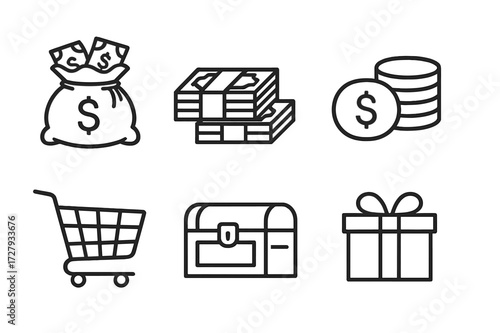 Symbols of Wealth. Outline icon set of excess and desire: overflowing money bag, stacks of cash, gold coins, diamond, shopping cart, credit card, treasure