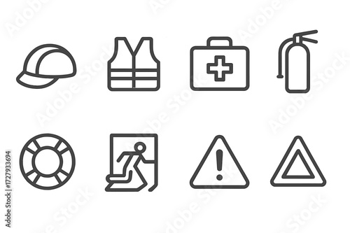 Guardian Safety Icons. Outline icon set of guardian safety: helmet, safety vest, first aid kit, fire extinguisher, life ring, emergency exit, hazard sign,