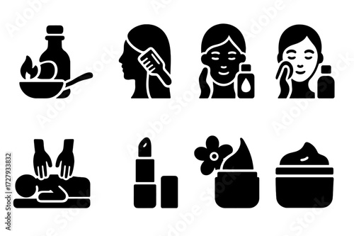 Coconut Oil Icons. Solid, filled icon set of coconut oil uses: cooking oil, hair conditioner, skin moisturizer, makeup remover, massage oil, lip balm, natural