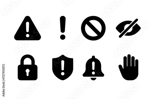 Confidential Warning Icons. Solid, filled icon set of confidential warning signs: warning triangle, exclamation mark, no entry sign, eye with line, closed