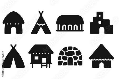 Tribal Housing Icons. Solid, filled icon set of tribal housing: hut, teepee, longhouse, adobe house, wigwam, bamboo hut, stone shelter, thatched roof. Solid,