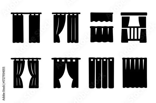 Curtain Icon Collection. Solid, filled icon set of curtain types: blackout curtain, sheer curtain, valance, cafe curtain, pinch pleat curtain, tab top curtain,