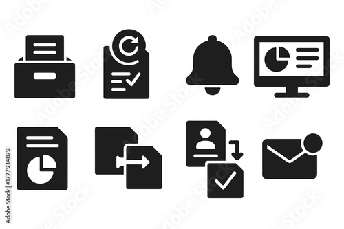 Agreement Management Icons. Solid, filled icon set of agreement management: document storage, version control, reminders, dashboard, report, file sharing,