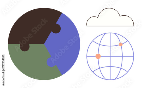 Earth as puzzle pieces, networked globe, and cloud outline. Ideal for environment, teamwork, global connection, data sharing, sustainability innovation and technology themes. Clean flat metaphor