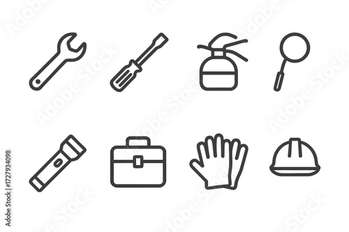 Missile Silo Tools Icons. Outline icon set of missile silo maintenance tools: wrench, screwdriver, oil can, inspection mirror, flashlight, toolkit, safety