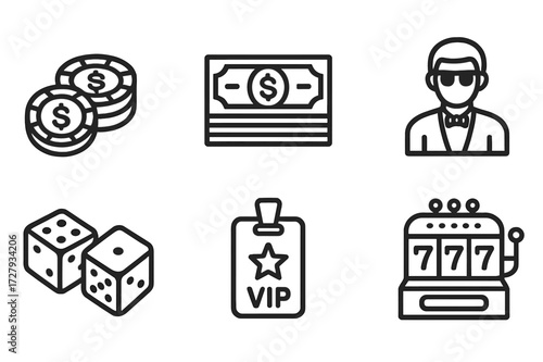 High Stakes Icons. Outline icon set of high stakes gambling: poker chips, stack of cash, casino table, high roller, dice, luxury watch, VIP badge, jackpot slot