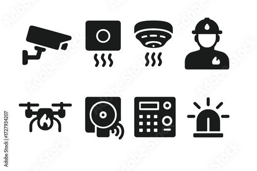 Fire Safety Icons. Solid, filled icon set of fire risk monitoring: CCTV camera, heat sensor, smoke sensor, fire watchman, drone, alarm system, control panel,