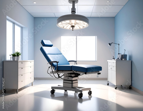 Wallpaper Mural Clean, empty modern medical examination room with a blue adjustable chair, bright surgical light, white cabinets, and natural window light. Healthcare concept. Torontodigital.ca