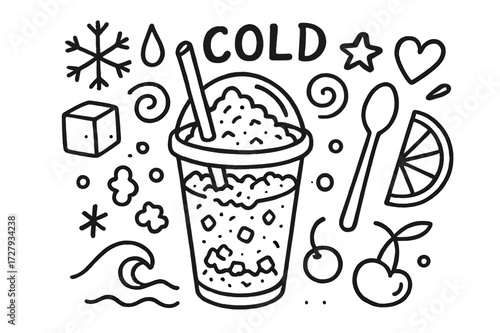 Slushie Icon Doodles. Hand-drawn doodle illustration Cold refreshment slushie cup, straw, snowflake, droplet, ice cube, bubble, star, spoon, dome lid, swirl,