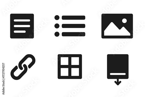 Document Element Icons. Solid, filled icon set of document elements: text block, bullet list, numbered list, image, hyperlink, table cell, footer, page break.