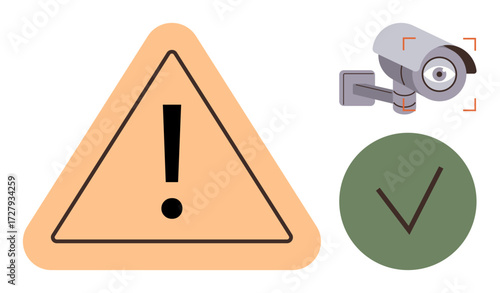 Caution triangle with exclamation mark, security camera, and circular checkmark representing video monitoring, danger awareness, and approval. Ideal for safety, security, surveillance, alert systems