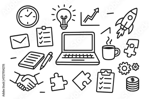 Startup Essentials Doodle. Hand-drawn doodle illustration Startup founder desk laptop, rocket, chart, notebook, pen, coffee mug, clipboard, gears, clock,