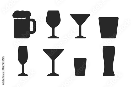 Alcoholic Drink Icons. Solid, filled icon set of alcoholic drinks: beer mug, wine glass, cocktail glass, whiskey tumbler, champagne flute, martini glass, shot