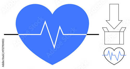 Blue heart with pulse line, black horizontal line, downward arrow, and open box. Ideal for healthcare, cardiology, data storage, health monitoring, donation digital transfer simple flat metaphor