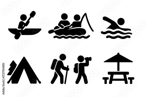 River Activity Icons. Solid, filled icon set of river activities: kayaking, rafting, fishing, swimming, camping, hiking, birdwatching, picnic. [Line icons in