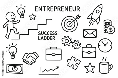 Entrepreneurial Success Symbols. Hand-drawn doodle illustration Entrepreneur success ladder, target, rocket, coin stack, dollar bill, briefcase, handshake,