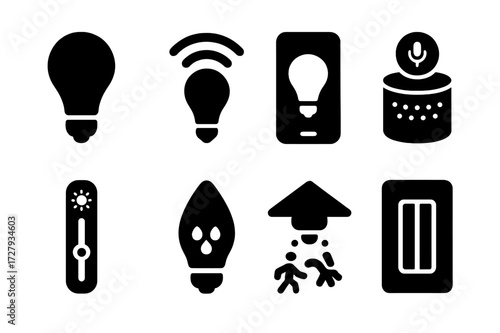 Smart Lighting Icons. Solid, filled icon set of smart lighting: smart bulb, light with Wi-Fi signal, smartphone control, voice assistant, dimming slider,
