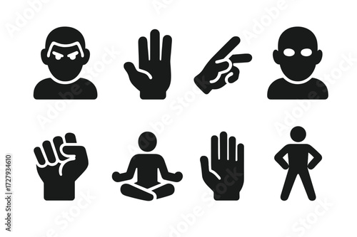 Telekinetic Gesture Icons. Solid, filled icon set of telekinetic gestures: focused stare, outstretched palm, two-finger point, eyes glowing, clenched fist,