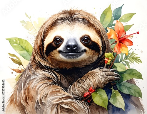 Fototapeta Naklejka Na Ścianę i Meble -  A smiling sloth amidst lush tropical foliage, rendered in a watercolor style