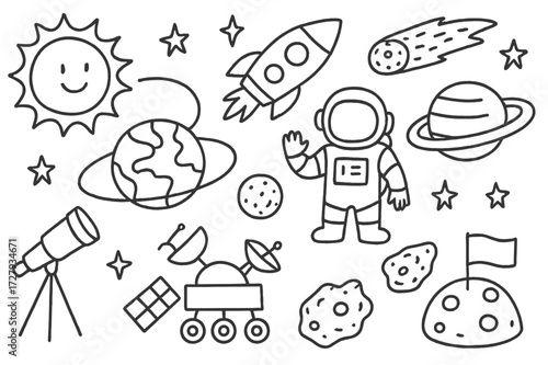 Solar System Doodle. Hand-drawn doodle illustration Solar system exploration sun, earth, moon, mars, saturn, rocket, astronaut, telescope, satellite, rover,