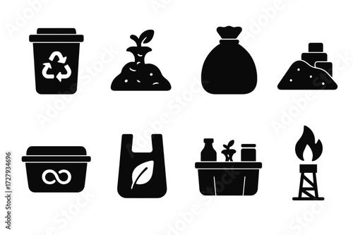 Sustainable Waste Icons. Solid, filled icon set of sustainable waste management: recycling bin, compost heap, trash bag, landfill site, reusable container,