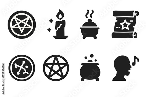 Magical Ritual Icons. Solid, filled icon set of magical rituals: summoning circle, magic candle, incense burner, spell scroll, magical sigil, pentagram, potion