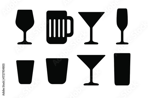 Glassware Icons Set. Solid, filled icon set of glassware types: wine glass, beer mug, cocktail glass, champagne flute, shot glass, tumbler, martini glass,
