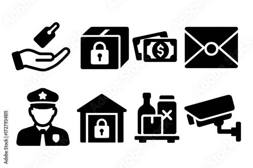Confiscated Property Icons. Solid, filled icon set of confiscated property: hand with tag, locked box, confiscated cash, sealed envelope, police officer,
