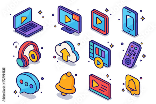 Colorful Digital Icons. Digital entertainment. Colorful isometric vector icons set of Digital entertainment: laptop, TV screen, tablet, smartphone, play