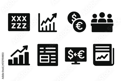 Currency Market Icons. Solid, filled icon set of currency markets: stock ticker, forex chart, currency pairs, trading floor, market graph, exchange board,