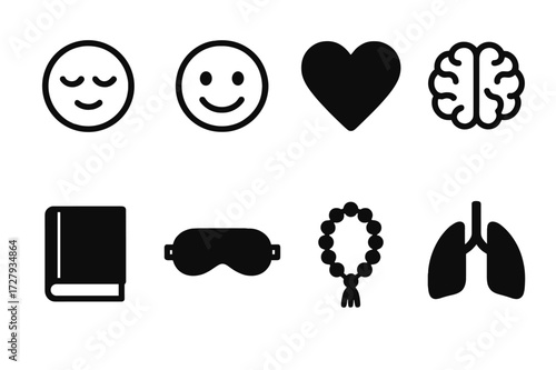 Relaxation Mental Health Icons. Solid, filled icon set of relaxation mental health: calm face, smile, heart, brain, journal, sleep mask, meditation beads,