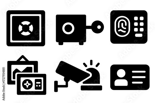 Home Security Icons. Solid, filled icon set of home safe: wall safe, floor safe, key lock, biometric pad, hidden compartment, security camera, alarm system,