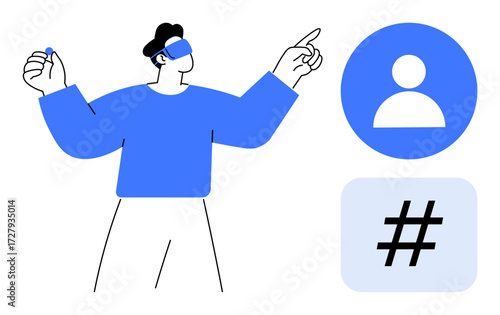 Person wearing VR headset gesturing toward digital person profile and metadata tag symbols. Ideal for technology, virtual reality, innovation, social media, data networks, digital concepts, simple