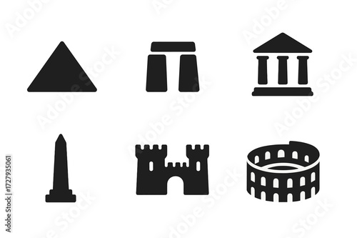 Ancient Architecture Icons. Solid, filled icon set of ancient architecture: pyramid, ziggurat, stone circle, temple, obelisk, fortress, aqueduct, amphitheater.