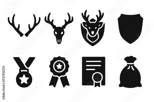 Hunting Trophy Icons. Solid, filled icon set of hunting trophies: antlers, skull, mounted head, trophy plaque, medal, ribbon, certificate, game bag. Solid,